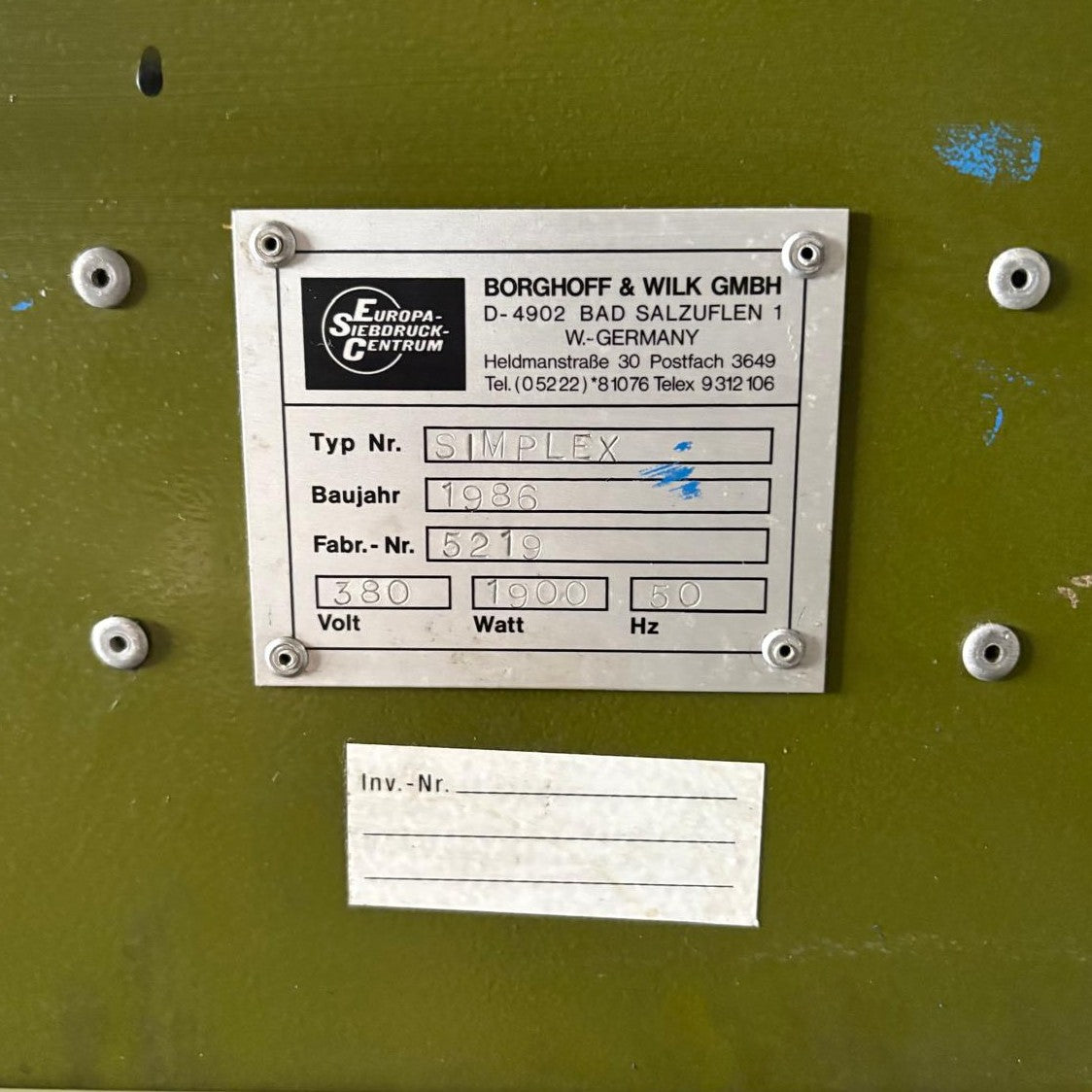 Siebdruckmaschine Borghoff & Wilk SIMPLEX, Halbautomat (BJ 1986)